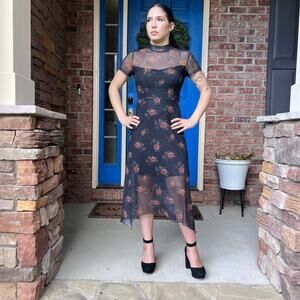 Floral Goth Mesh Spliced Double-Layered Irregular Hemline Midi Women's Dress S